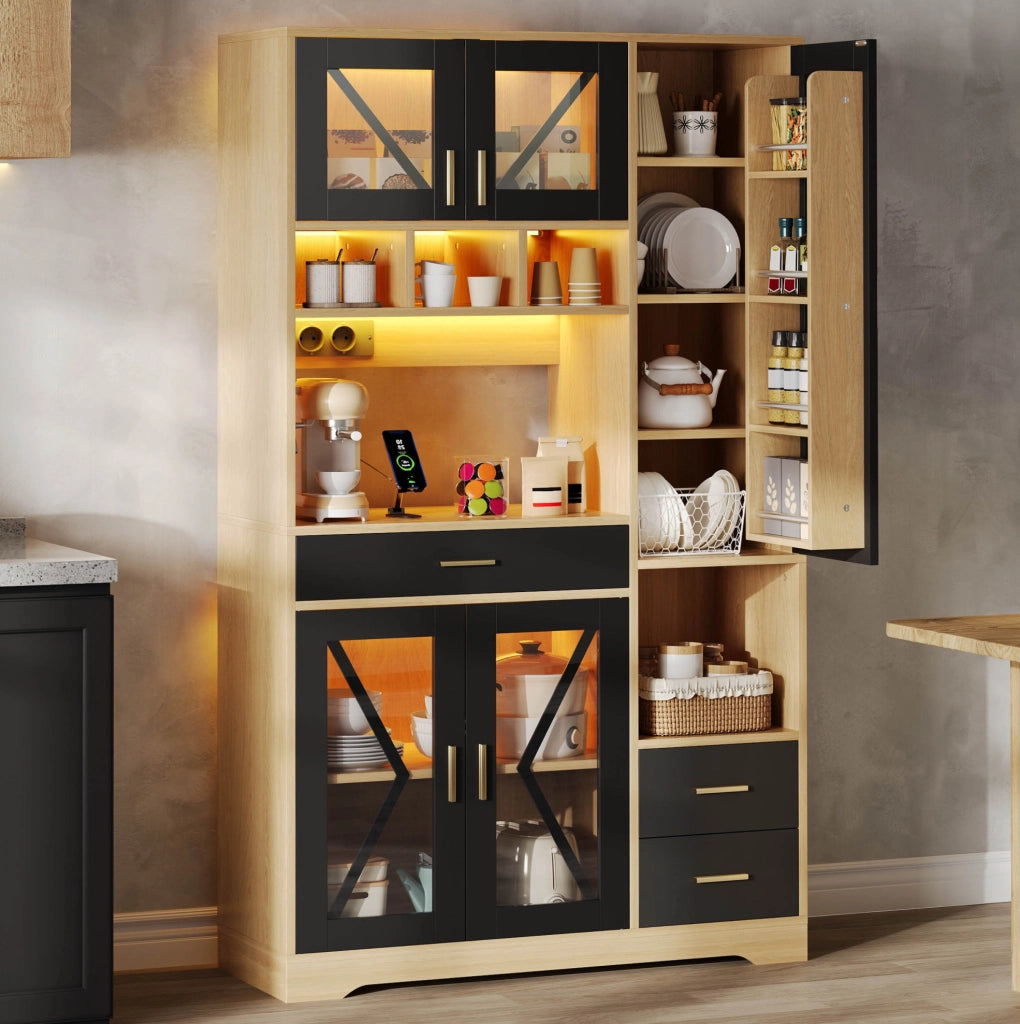 Buffet cucina con LED APP; prese e porte in vetro temperato 105x40x185 cm; MDF; nero/naturale