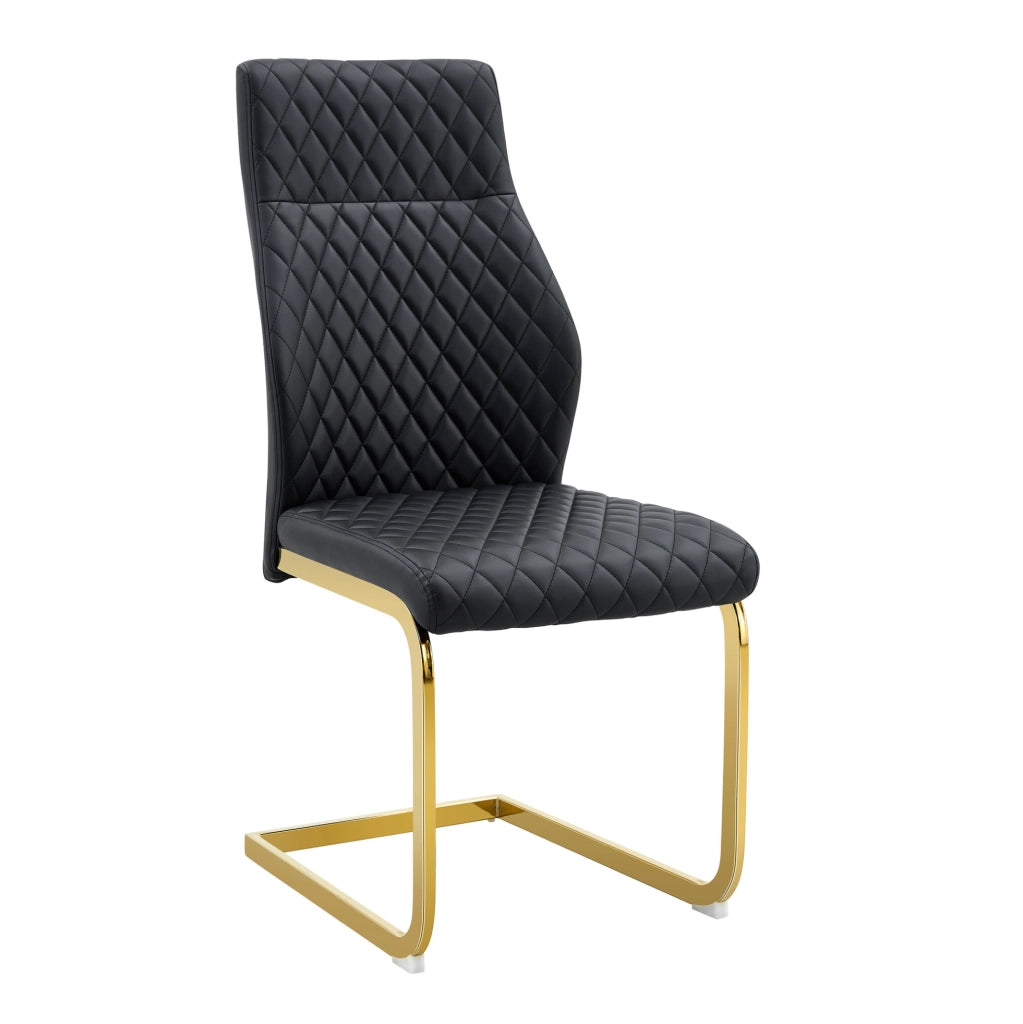 Set 2 sedie da pranzo in PU nero con motivo trapuntato; schienale alto 100 cm; struttura in metallo oro