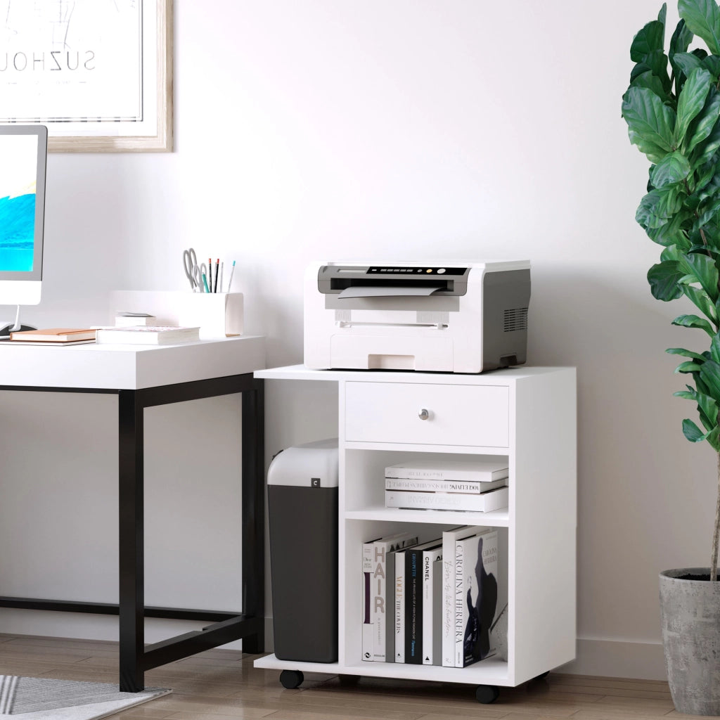 Mobiletto per Stampante in Legno con 4 Ruote, Mensola Regolabile e Piano per CPU, Bianco