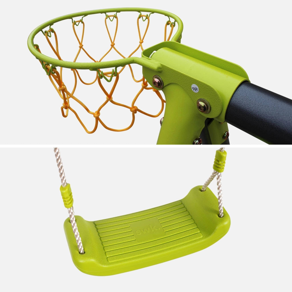 Altalena da giardino con scivolo e canestro, 6 posti, verde