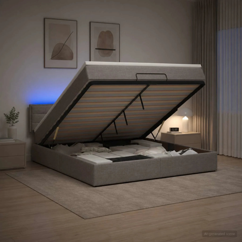 Letto Ottomano con Materasso e LED Tortora 140 x 190 cm Tessuto 3456826