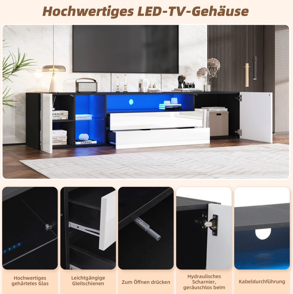 Mobile TV 180x40x45 cm con LED; 2 cassetti e 2 vani; bianco/nero
