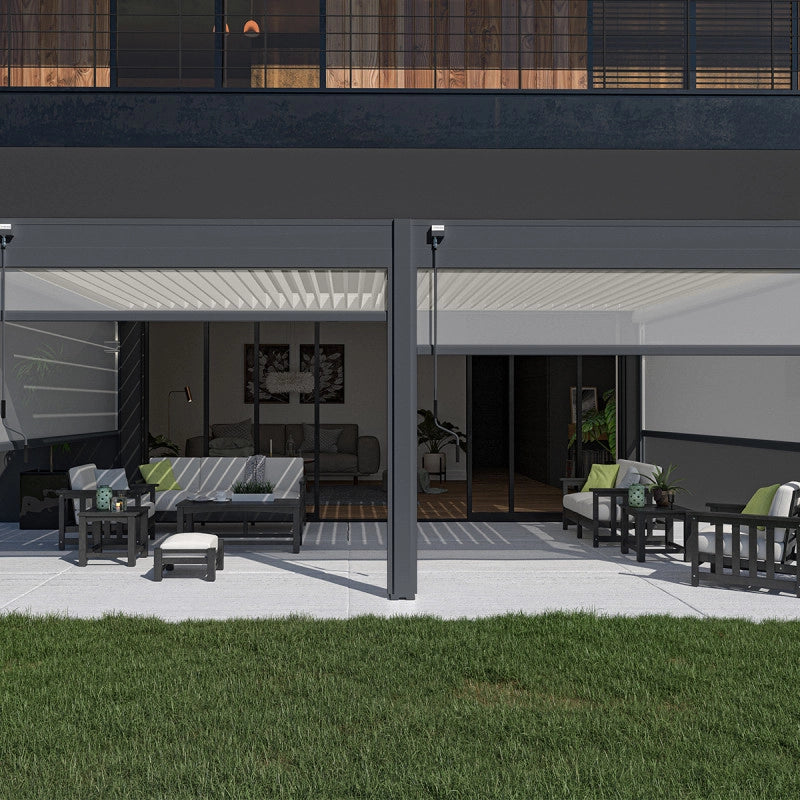 Pergola bioclimatica Ombréa addossata VS - 4x6M bicolore + 2 tende bianche