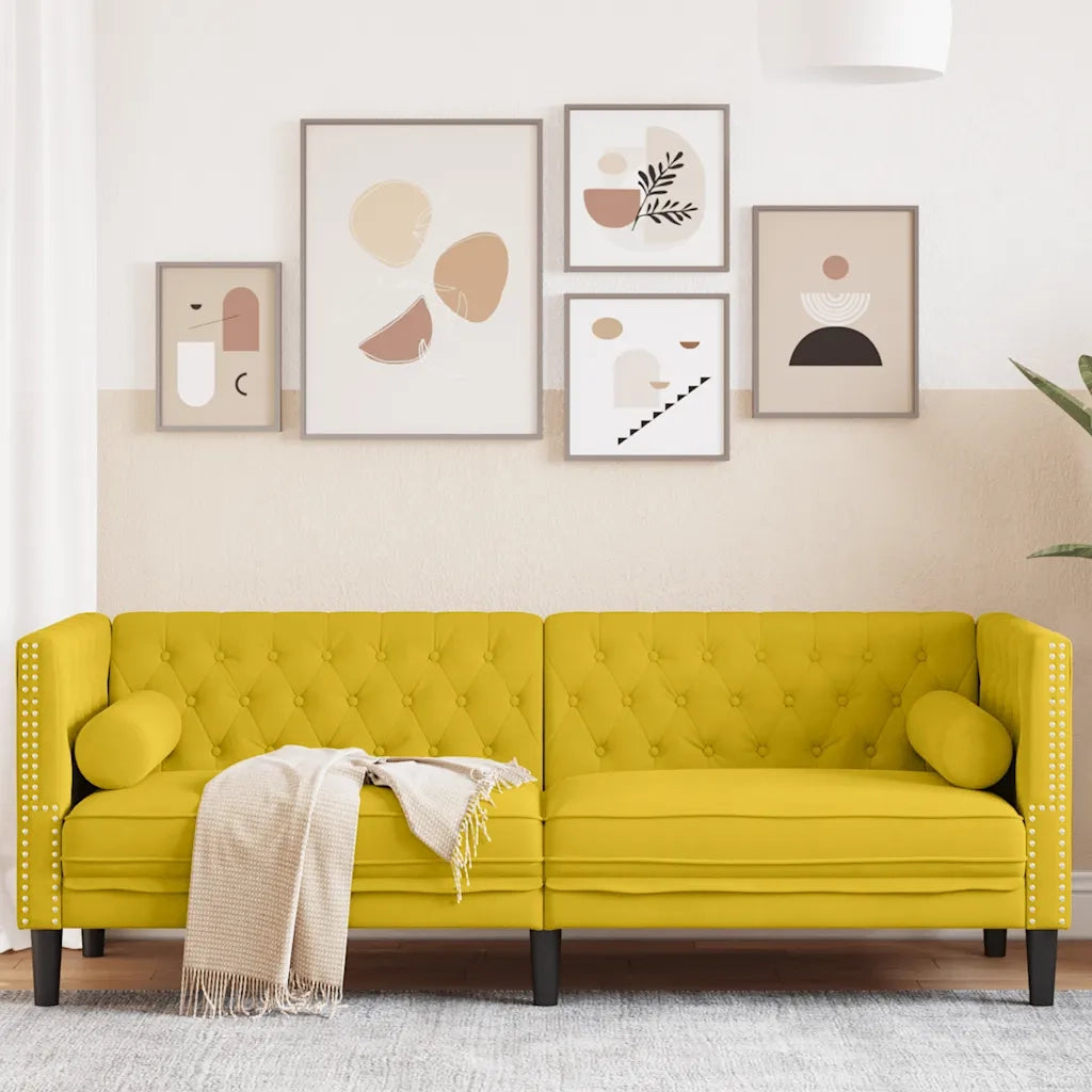 Divano Chesterfield con Rinforzi 3 Posti Giallo in Velluto