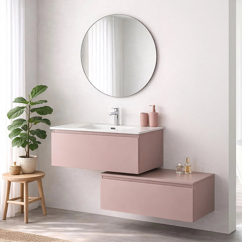 Mobile bagno sospeso 90 cm rosa con lavabo integrato e cassetto Nuvola