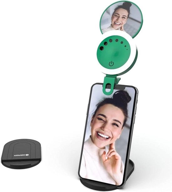 Racconto di luce LED con supporto e specchio - 3 modalità e 7 intensità di luce - Ring light per selfie e TikTok - Ricaricabile via USB - Verde