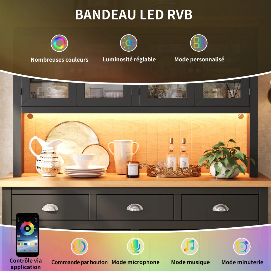 Credenza alta vetrina LED con anta in vetro e ripiani regolabili; per sala da pranzo; nero; 140 × 40 × 180 cm