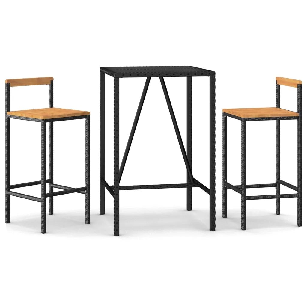 Set Bar Giardino 3 pz Nero Polyrattan e Legno Massello Acaciacod mxl 93481