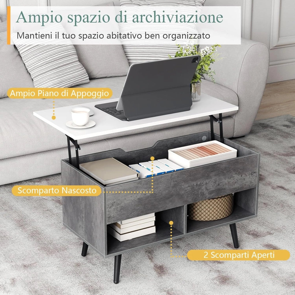 Tavolino da Salotto con Superficie Sollevabile, Tavolino da Caffè Moderno con Scompartimento Nascosto e 2 Ripiani, Ideale per Salone, Ufficio e Sala Riunioni (Grigio)
