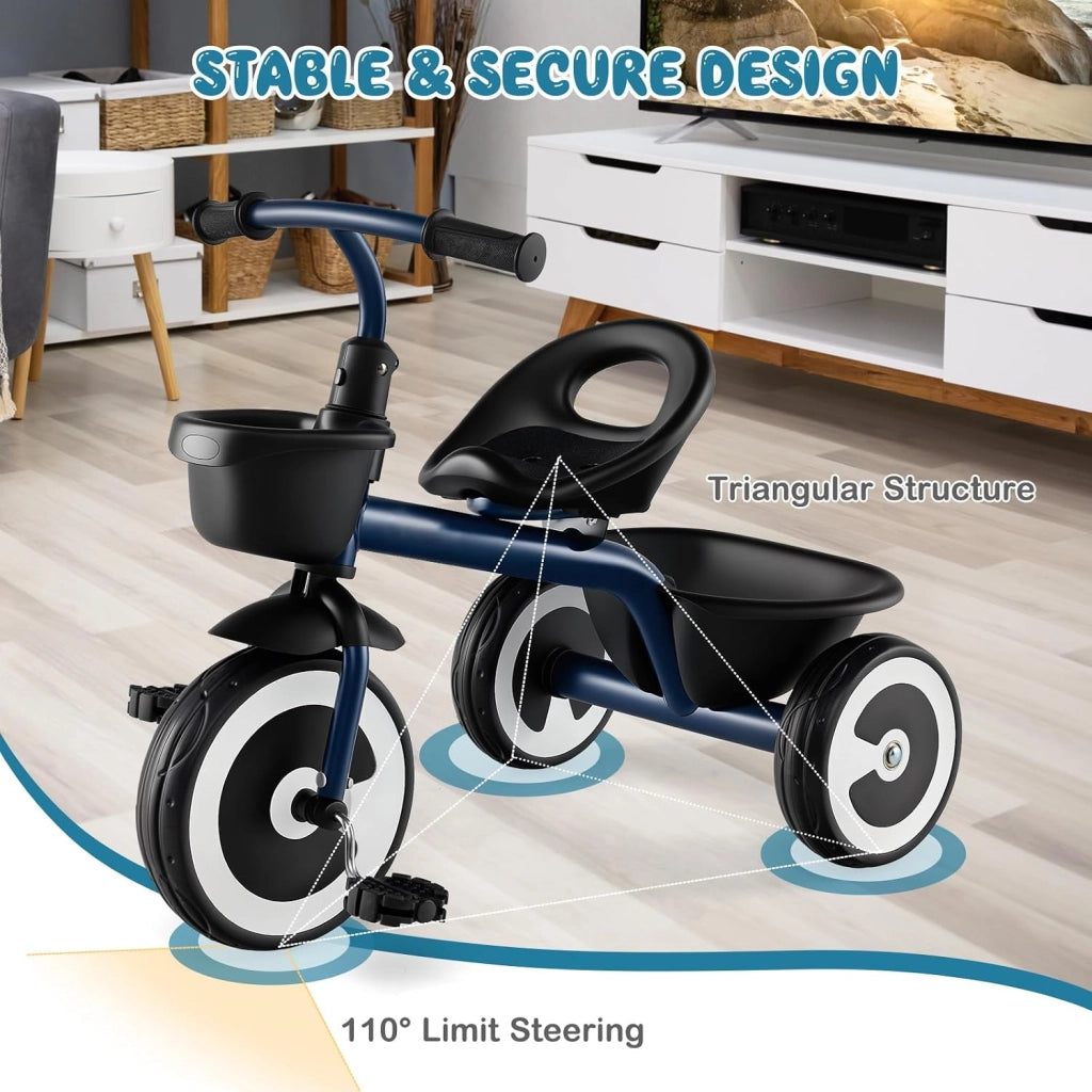 Triciclo Bambino 1-5 Anni, Triciclo Evolutivo con Sedile Comodo Regolabile in 2 Posizioni, Struttura a Triangolo Stabile, 2 Cestini di Stoccaggio, Ruote Antiscivolo, Carico 25 KG (Blu Scuro)