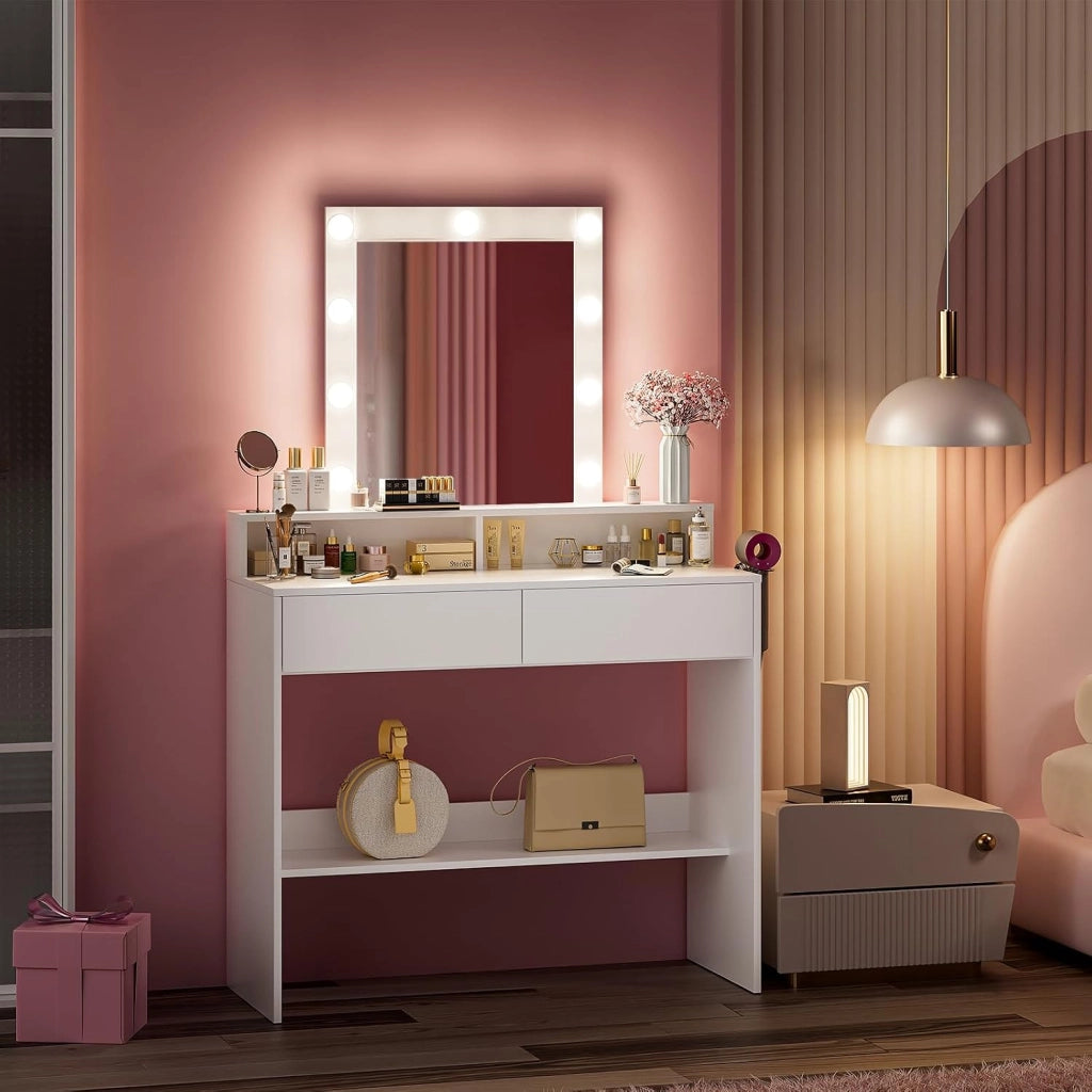 Toeletta da Trucco con Luci, Luminosità Regolabile,Tavolo da Trucco con Specchio,Postazione Trucco con 2 Cassetti,Porta Asciugacapelli,Make-up Desk,Moderno, Bianco