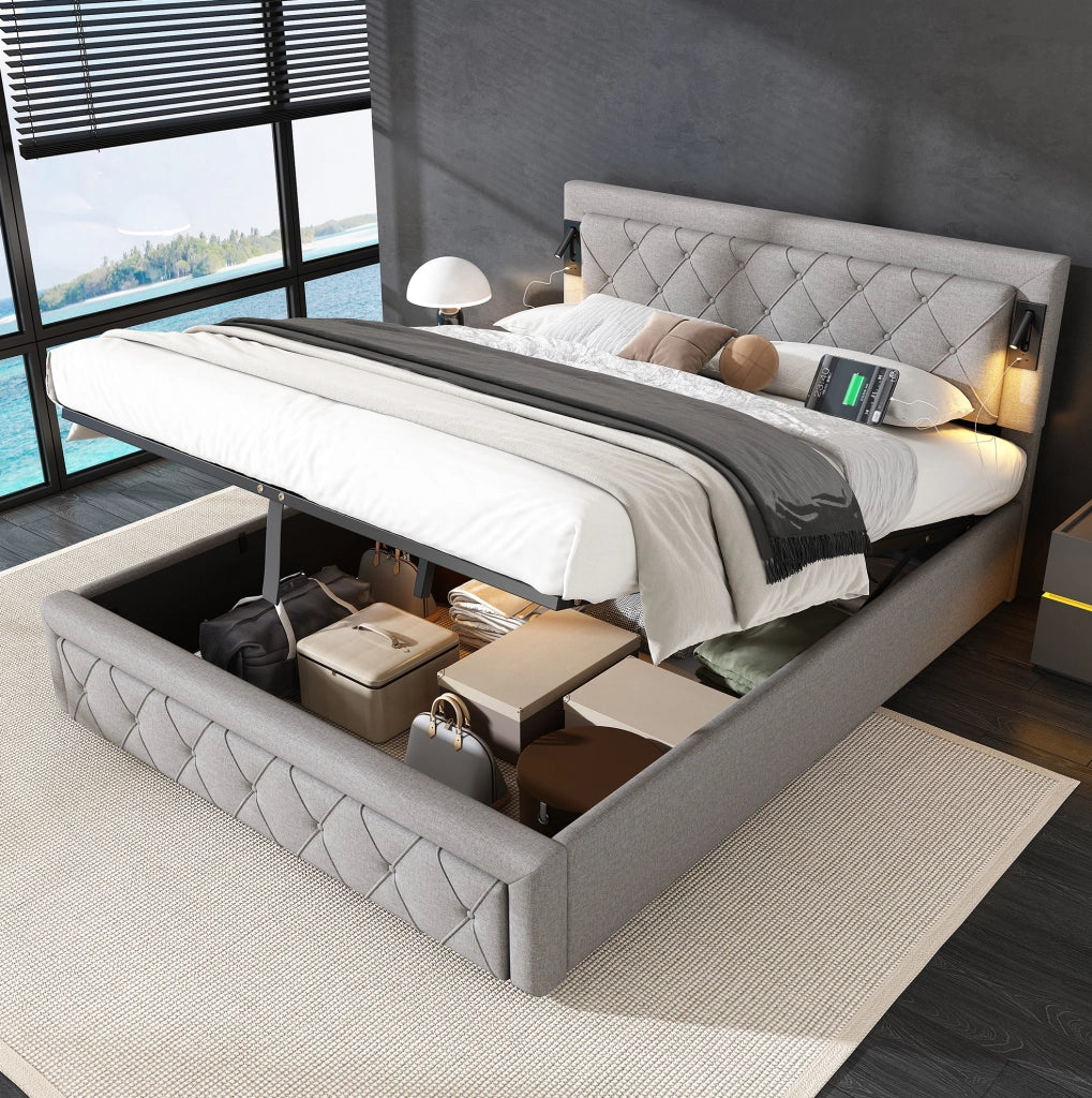 Letto matrimoniale imbottito con contenitore; luce integrata e porte USB; in lino grigio