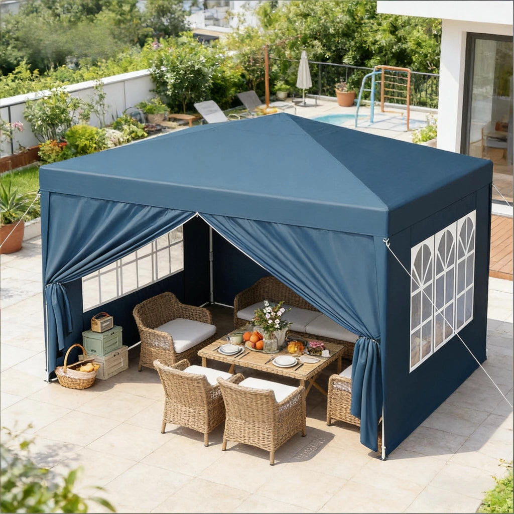 Pavillon pieghevole da giardino 3x3 m blu con pareti laterali, altezza regolabile e borsa per trasporto