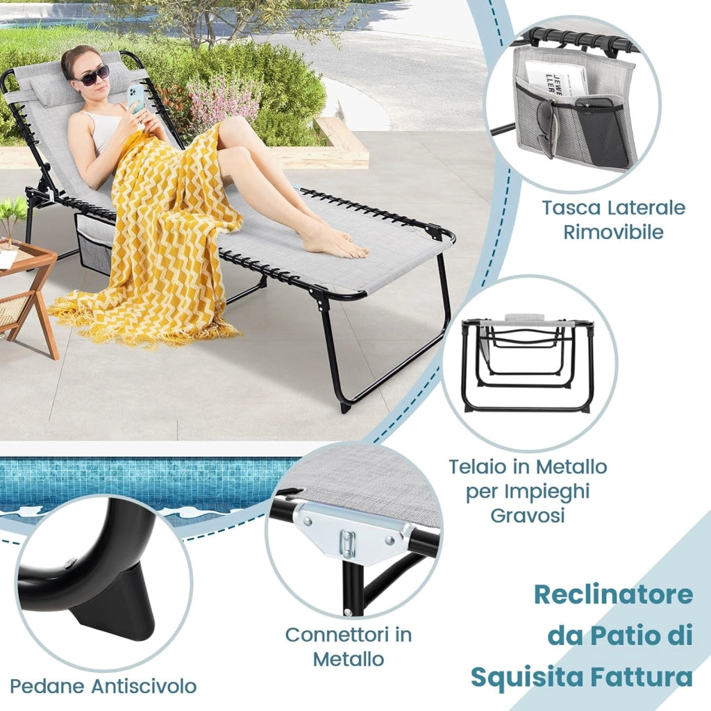 Lettino Prendisole da Giardino, Sedia a Sdraio Pieghevole con Schienale Regolabile, Cuscino Staccabile, Tasca, Portata 200 kg, 168-188 x 69 x 41-86 cm (Grigio)
