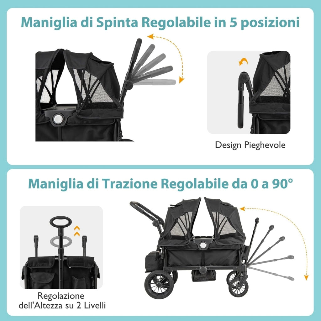 Passeggino Doppio Pieghevole, Passeggino Gemellare con Manico Regolabile, Tettuccio Rimovibile, Portabicchieri, per Bambini da 6+ Mesi, 104 x 57 x 107 cm (Nero)
