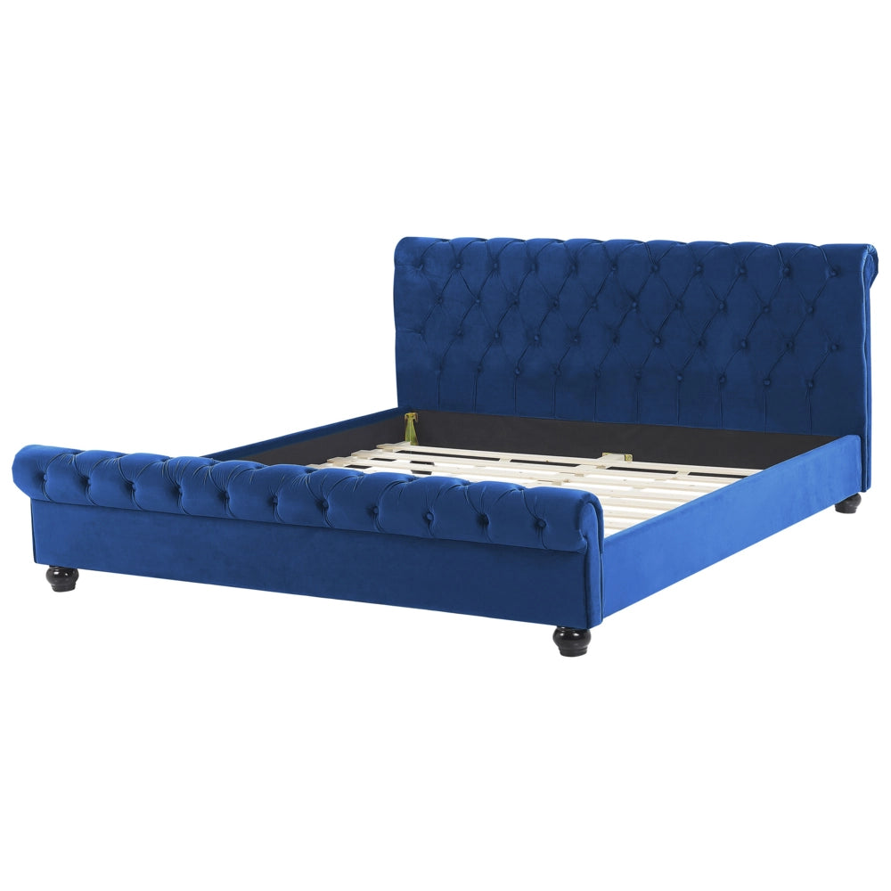 Letto rivestimento in velluto blu Gambe in legno Nero 180 x 200 cm abbottonato Glam