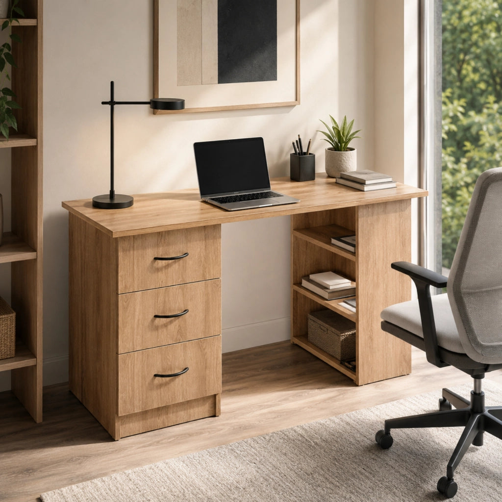 Scrivania Moderna Con 3 Cassetti E 3 Vani A Giorno Scrittoio Struttura In MDF Resistente Design Minimal Ideale Per Ufficio Studio Cameretta E Smart Working 120 x 49 x 72 Cm Rovere