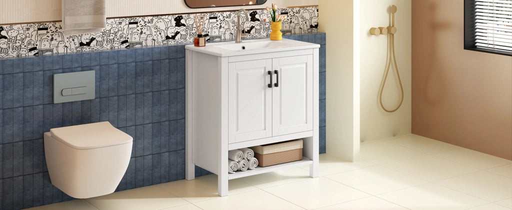 Mobile sottolavabo con lavabo in ceramica, 2 ante e vano aperto per bagno, bianco, 76,5 × 47 × 83 cm