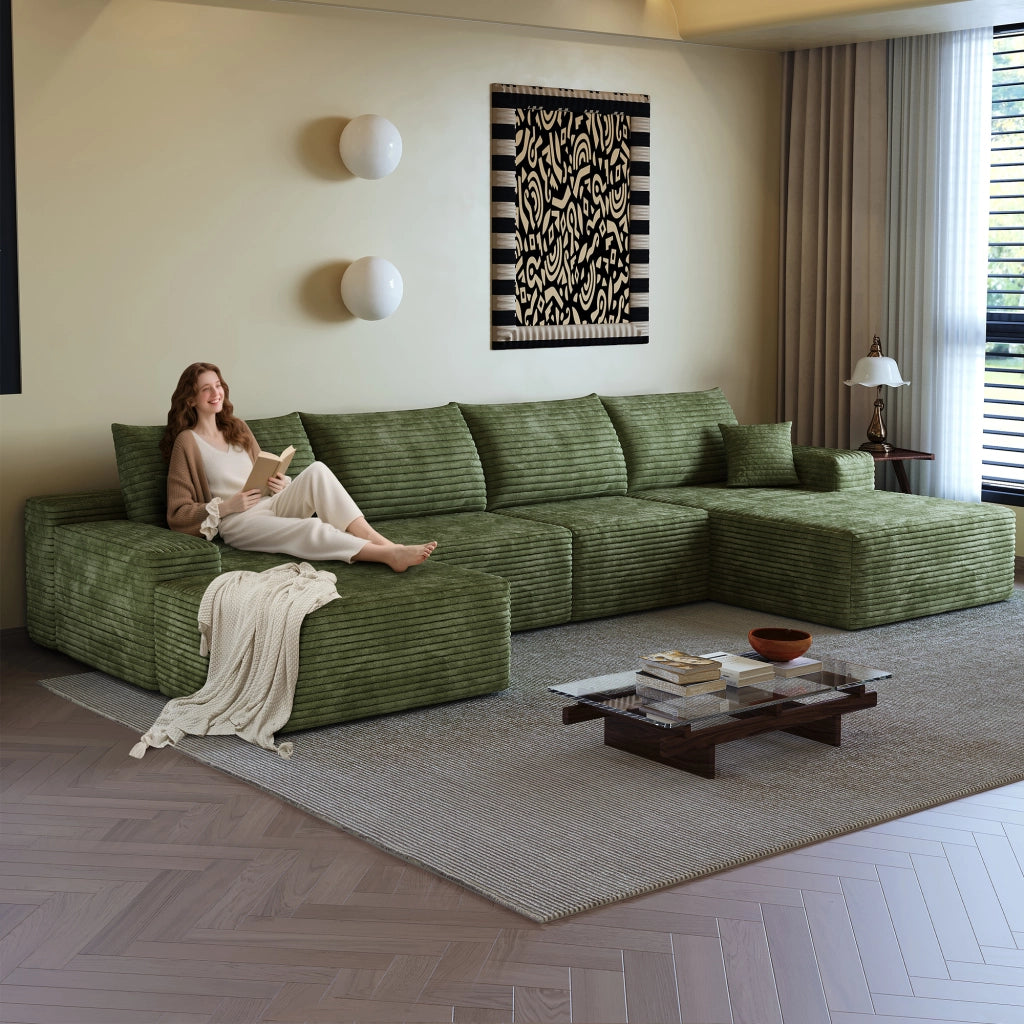 Divano ad angolo modulare con chaise longue a L e seduta in schiuma ad alta elasticità, tessuto verde 270 × 175 × 83 cm