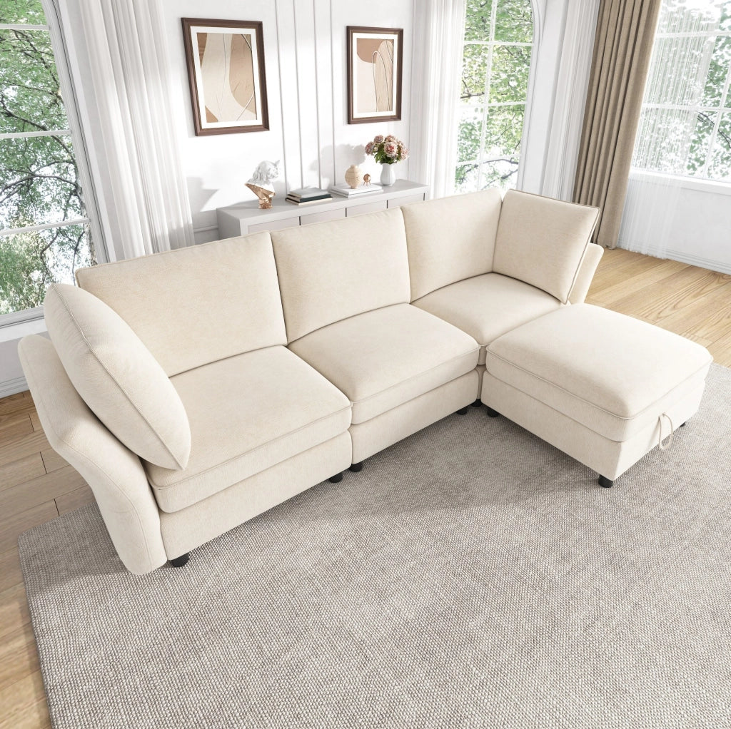 Divano modulare a L con pouf contenitore; 225 x 137 x 84 cm; in chenille beige