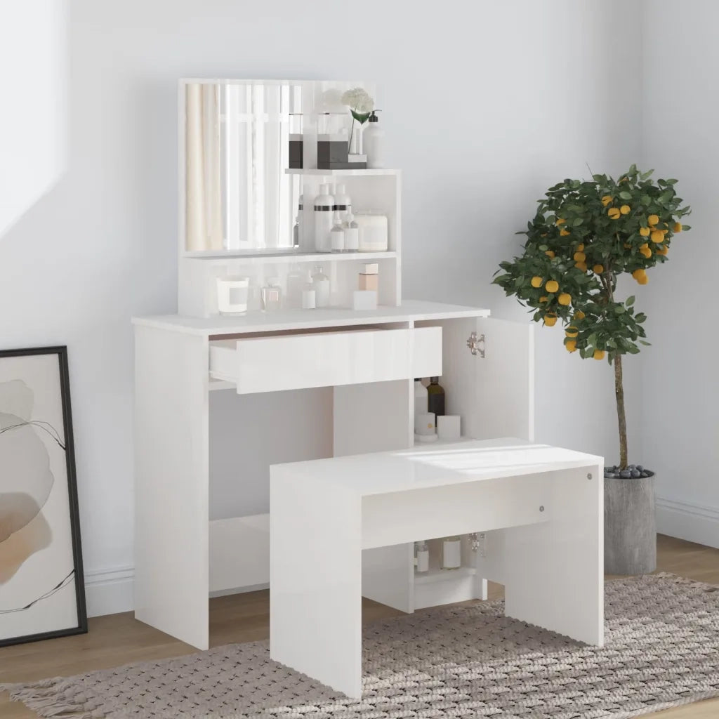 Toeletta con Specchio-Tavolo da Vanit¨¤ Bianco Lucido 86,5x35x136 cm