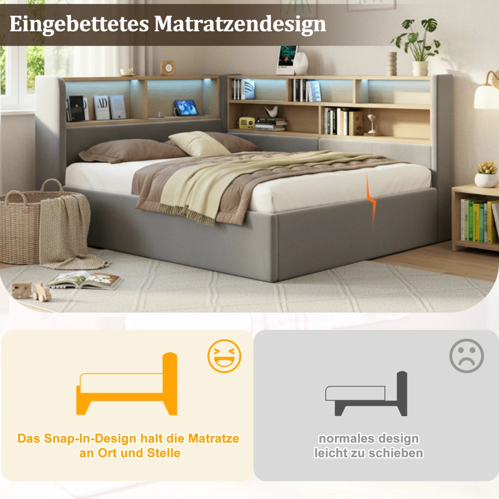 DESMIU Letto banchetto 140 × 200 cm 2 posti con contenitore idraulico, LED, USB e Type-C, senza materasso, velluto grigio