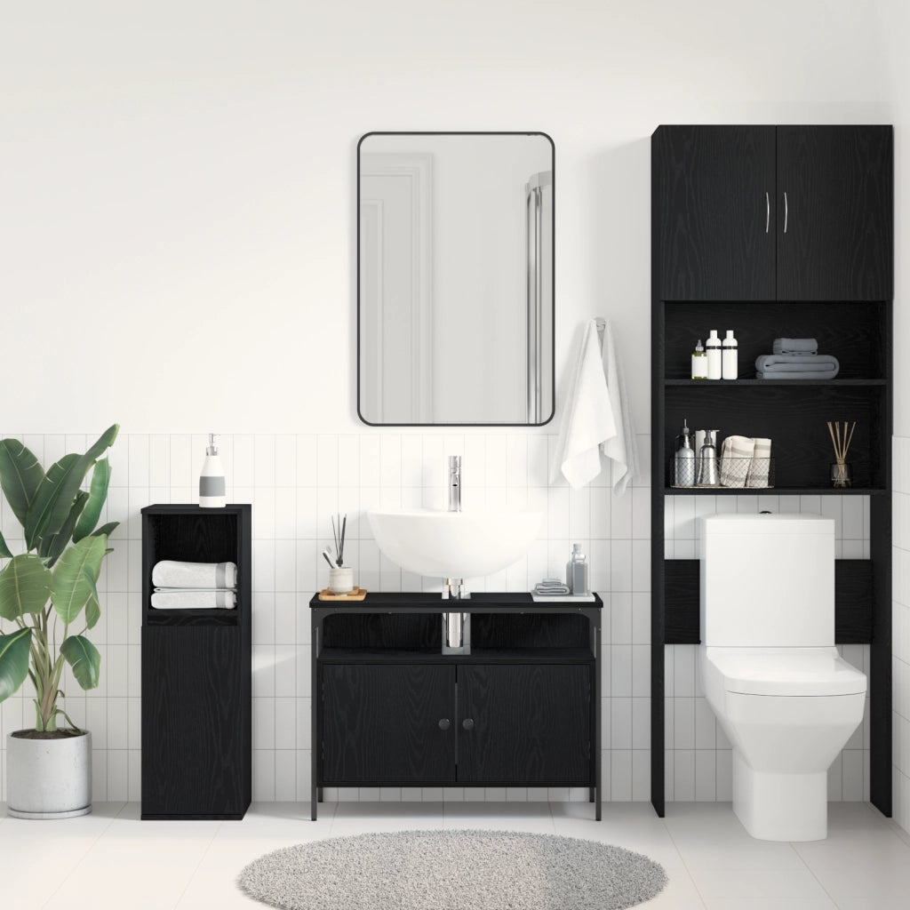 Mobiletto da Bagno  Nero Rovere 80x30x60 cm Legno Ingegnerizzato