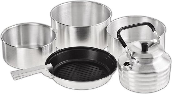 Impianto da Campeggio - Set di Cucina Alluminio da Campeggio - 3 Padelle e 1 Padella - Incluso Bollitore d'Acqua e Manico Set di Padelle da Campeggio