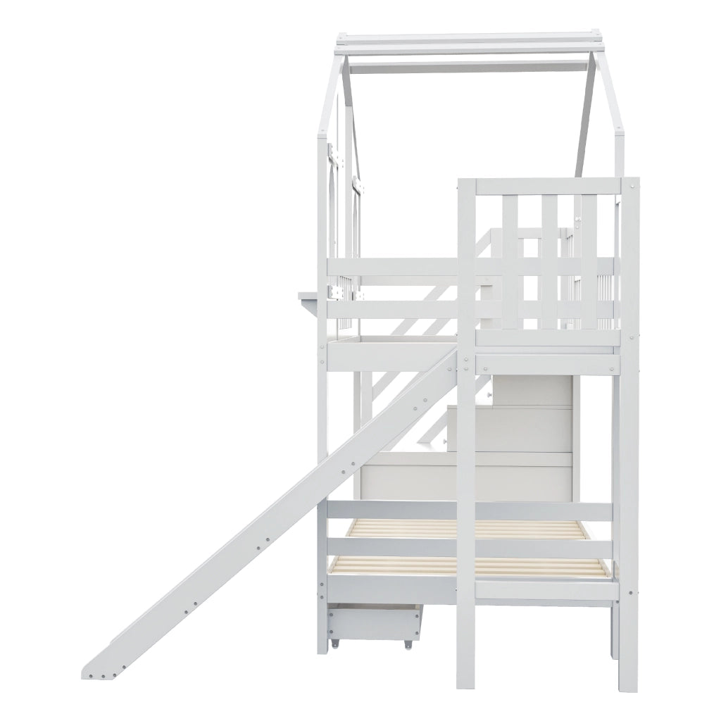 LETTO a castello a casetta 90x200 cm con scivolo e scala contenitore bianco