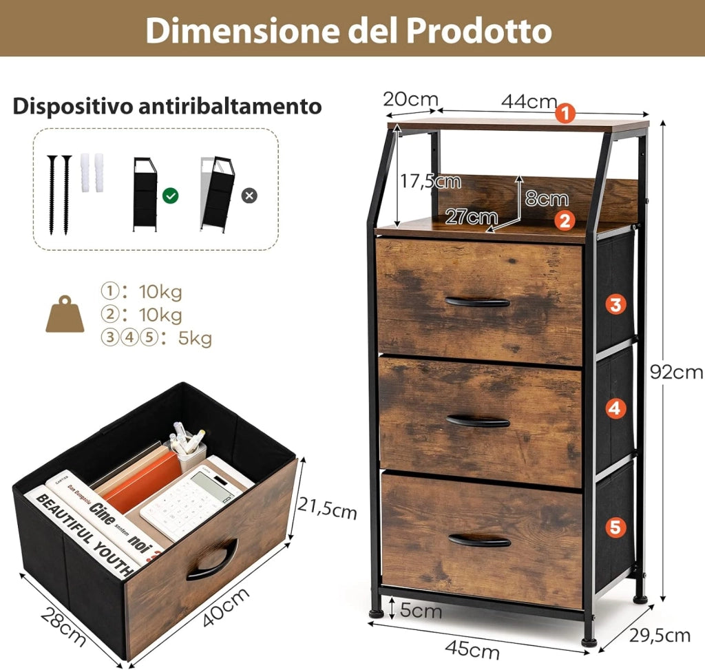 Cassettiera con 3 Cassetti Rimovibili, Ripiano Superiore e Struttura Solida in Acciaio, Mobile con Cassetti per Camera da Letto Soggiorno e Studio, 45 x 29,5 x 92 cm
