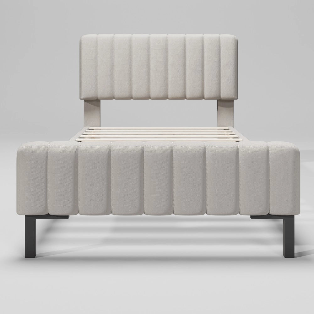 Letto Singolo Imbottito con Testiera Regolabile ¨C MINIMAL ¨C Grigio Beige, Tessuto Lino, 90x200