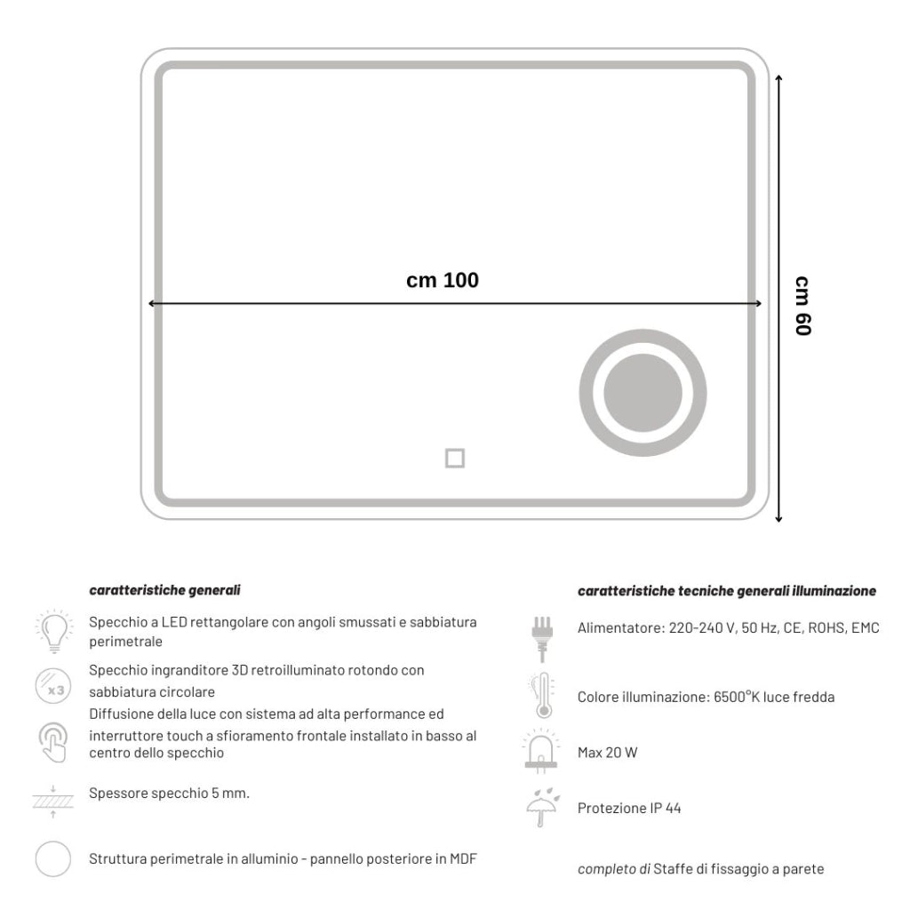 Specchio 5mm rettangolare smussato cornice led interruttore touch lente *** misure 100x60 cm, tonalità standard 6000...