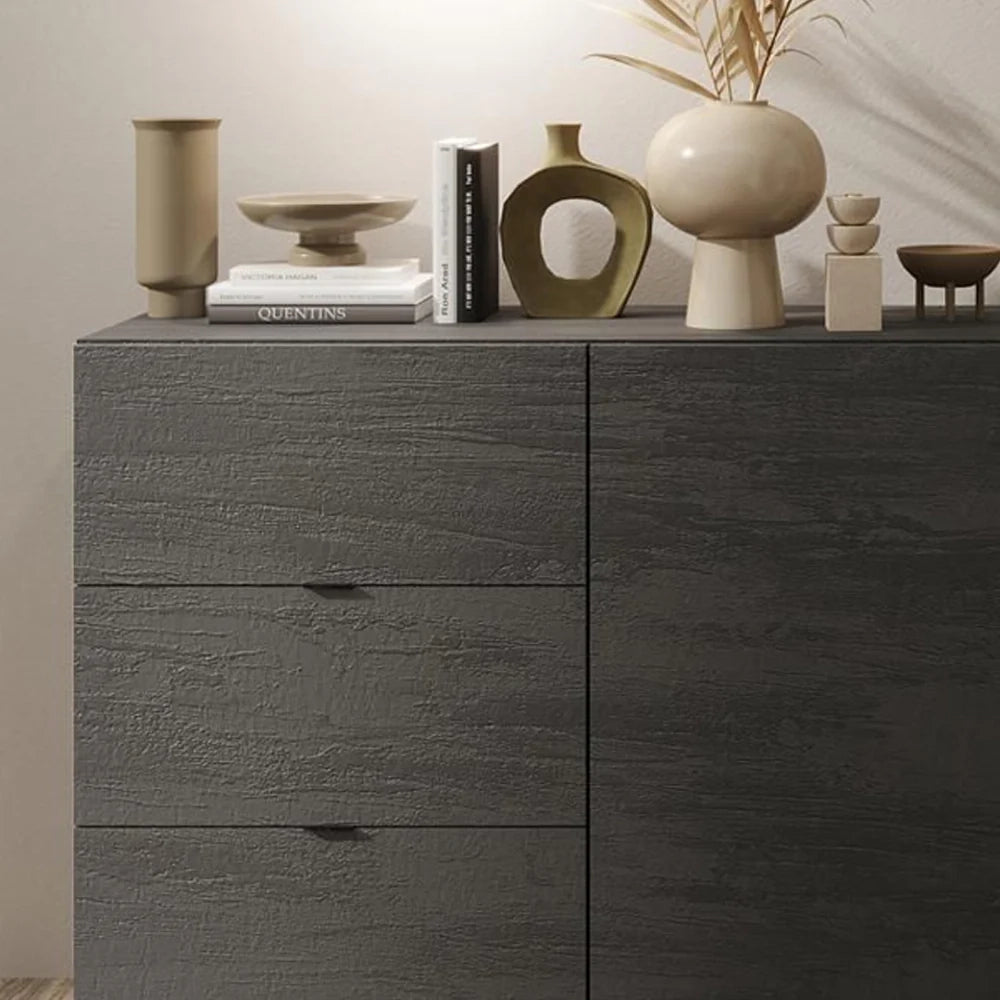 Mobile Madia a 2 Ante e 3 Cassetti Linea Venus L 181 Cm x H 86 Cm x P 44, realizzata in legno 100% MADE IN ITALY, design moderno per cucina, sala da pranzo, soggiorno, colore Titanio/Mercure