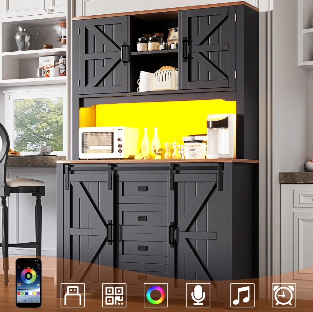 Credenza alta da cucina nera con LED e ante scorrevoli 115 cm