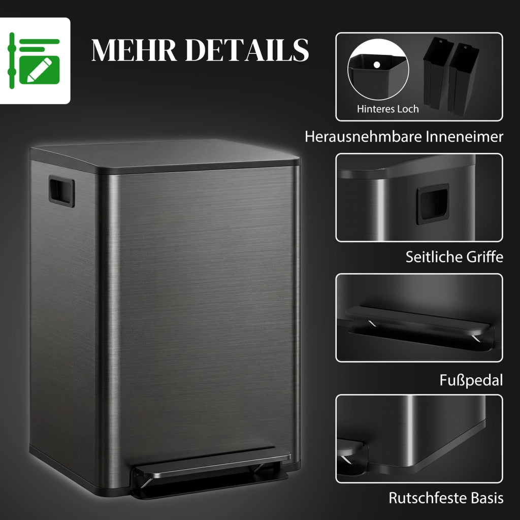 Pattumiera da 60L con 2 Scomparti ¨C Xylo ¨C Acciaio Inox Nero, Coperchio Soft-Close