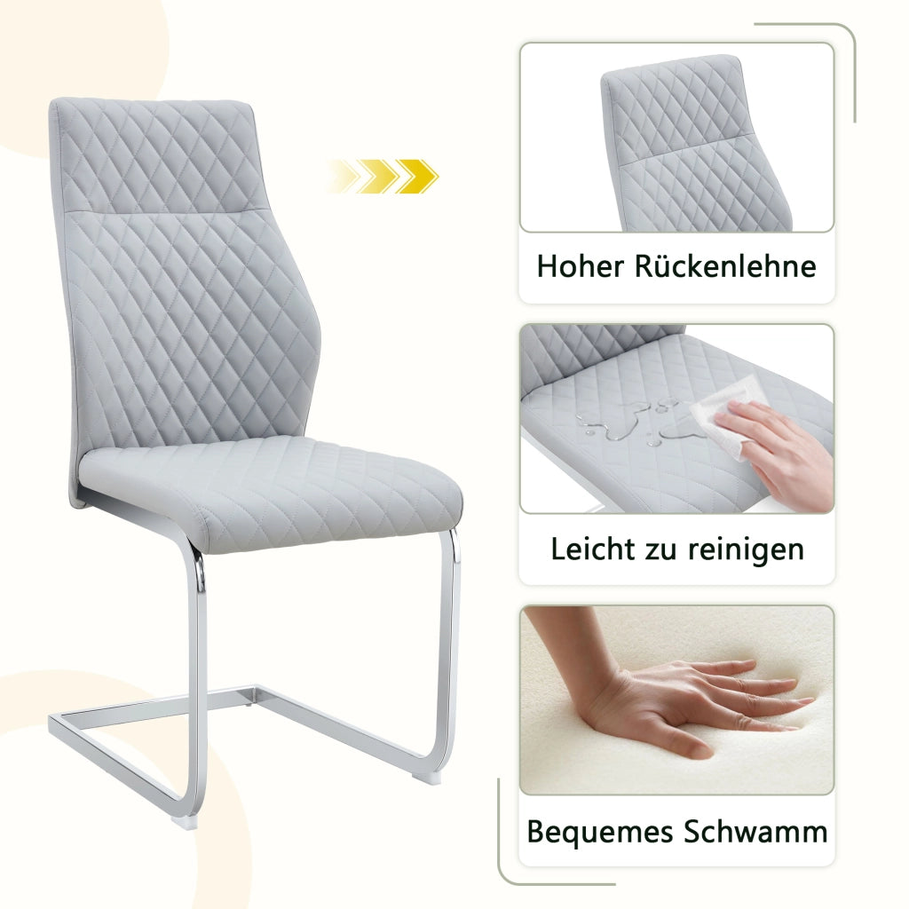 Sedia da pranzo set da 2 in pelle PU con schienale alto e seduta imbottita, struttura in metallo, grigio chiaro