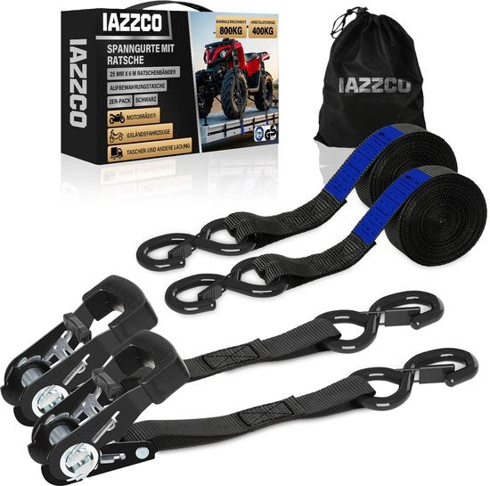 Set di 2 cinghie di trazione - 6M x 25MM cinghie di trazione con gancio S certificato TÜV/GS con cinghie di trazione con chiusura per motocicli, auto, rimorchi, uso domestico (nero)