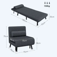 Poltrona Letto 3 in 1 con Schienale Regolabile e Cuscino, in Tessuto Effetto Lino e Acciaio, Grigio Scuro