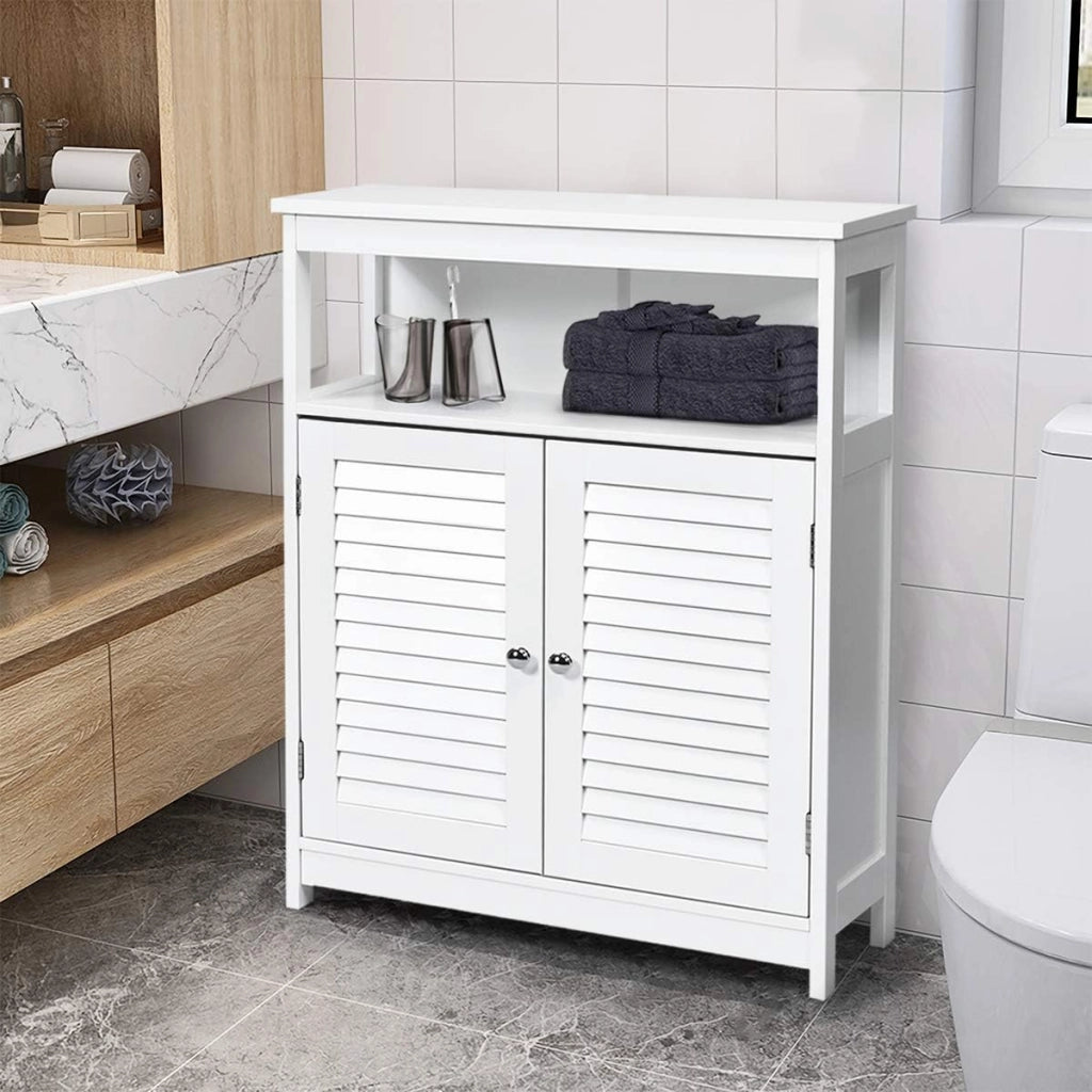 Armadietto Mobile Bagno Autoportante, con 2 Ante Legno e Ripiani Regolabili in Altezza, 3 Livelli, Multiuso e Salvaspazio, 30x60x80 cm (Bianco)