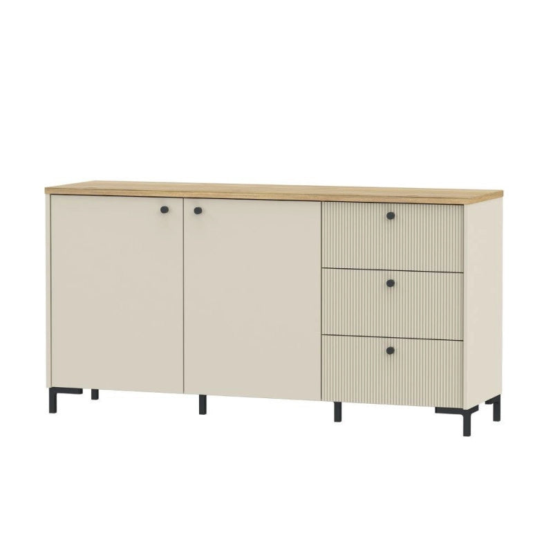 Madia Unit 2 ante e 3 cassetti cannettato L 152.80 x P 41.9 x H 79 cm. colore cashmere con top rovere