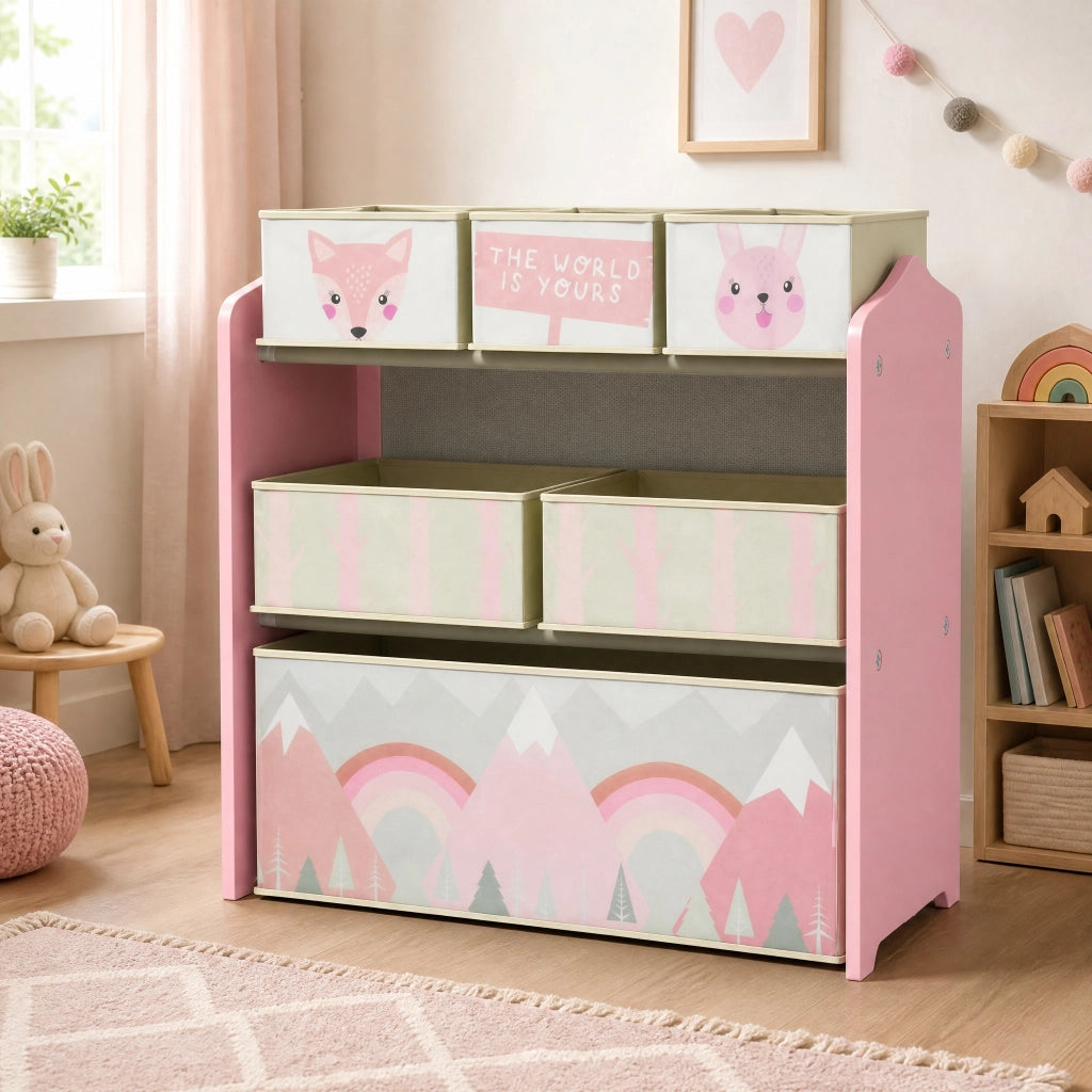 Scaffale per bambini 63x30x66 cm con 6 scomparti; design simpatico in legno rosa