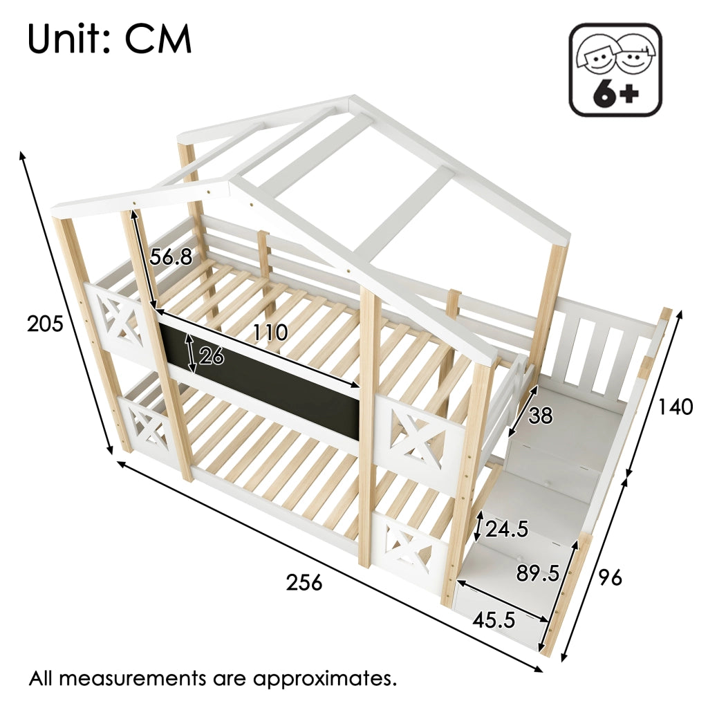 Letto a castello per bambini 90x200 cm con scala contenitore, design casetta, bianco/naturale