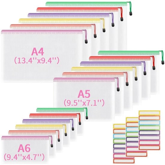 Documenti in plastica, 18 pezzi, 3 misure: A4, A5, A6, con chiusura a rits, per scuola, casa, ufficio, viaggi, cosmetica (6 colori)