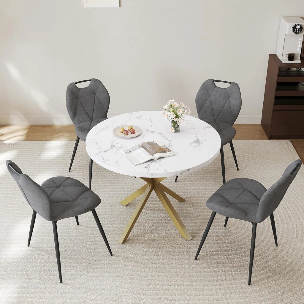 GrandCA HOME Set da 5 Pezzi Tavolo e Sedie da Pranzo, Tavolo Rotondo da 100 cm con 4 Sedie Imbottite Moderne, Adatto Per Sale da Pranzo e Cucine Soggiorno (Motivo Marmo+ Beige)
