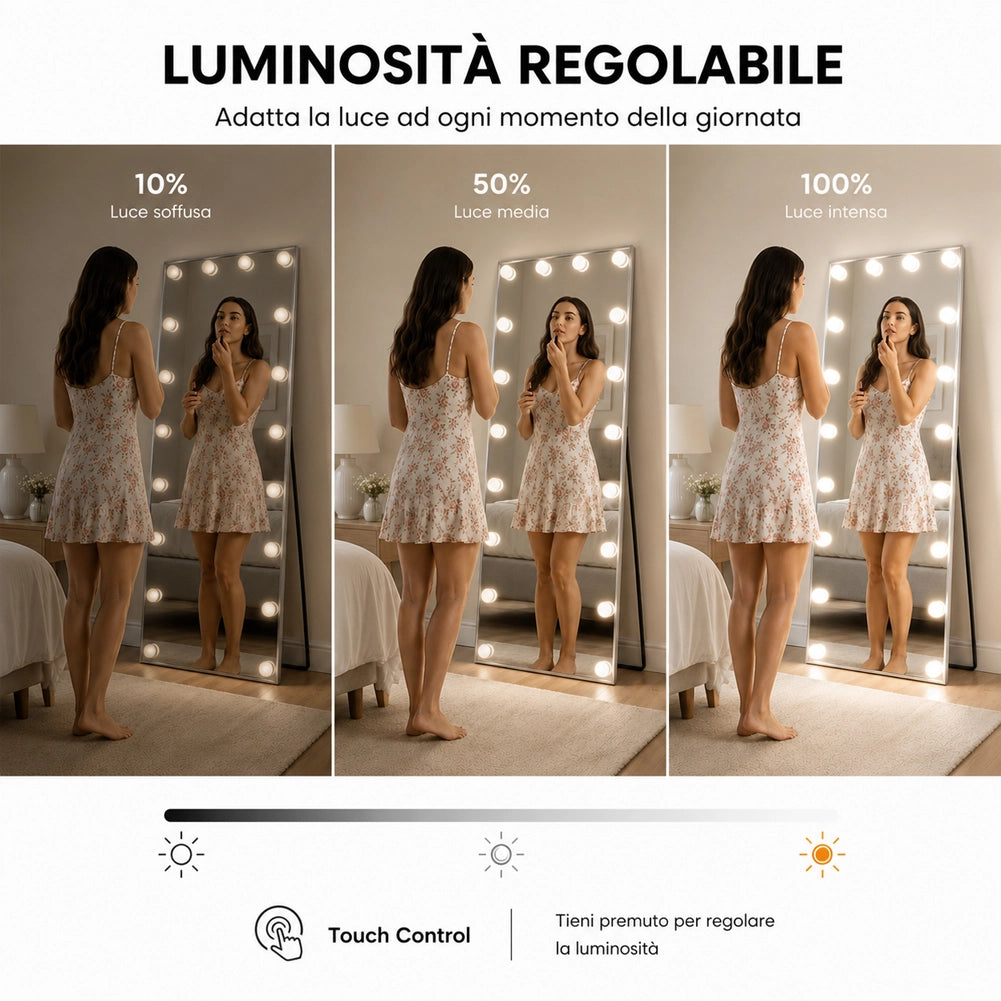 Specchio XXL Hollywood Figura Intera Indipendente con Led 3 Colori 60x160 cm