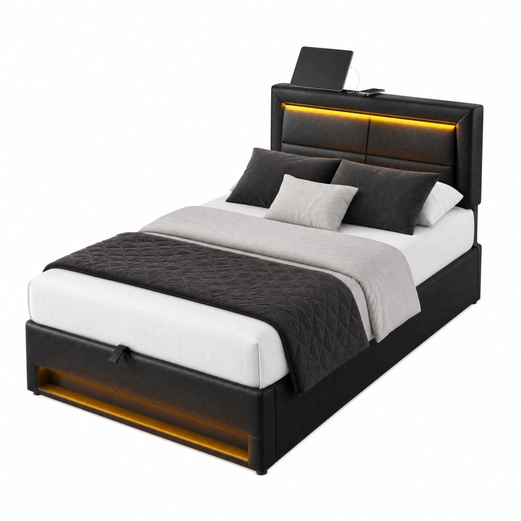 Letto imbottito 90x200 cm in PU nero con USB, LED e contenitore