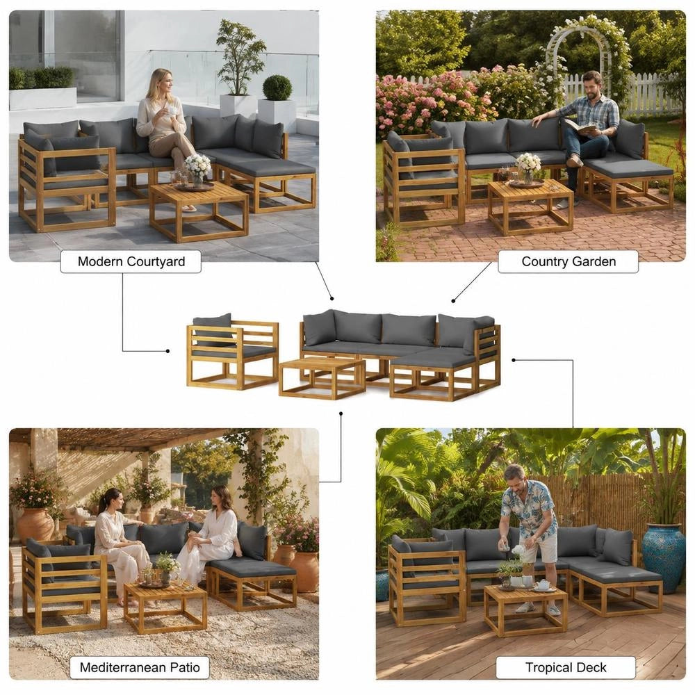 6-piece Garden Lounge Set With Cushions, Solid Acacia Wood