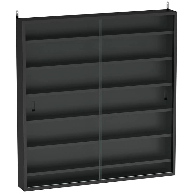 BACHECA PORTAOGGETTI A 6 RIPIANI REGOLABILI IN LEGNO CON ANTE IN VETRO, 80X9.5X83 CM, NERO
