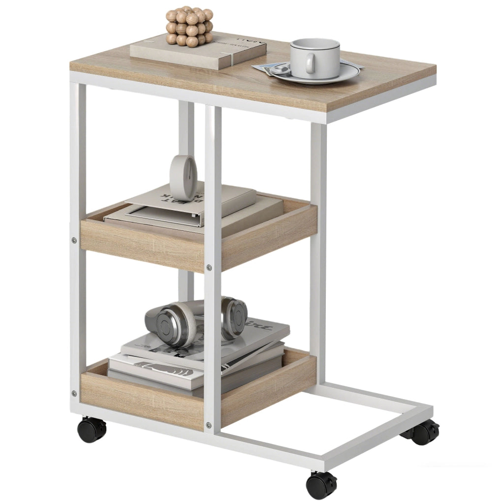 Tavolino da salotto con ruote ¨C zephmum ¨C bianco e naturale, acciaio, 51x33x66cm
