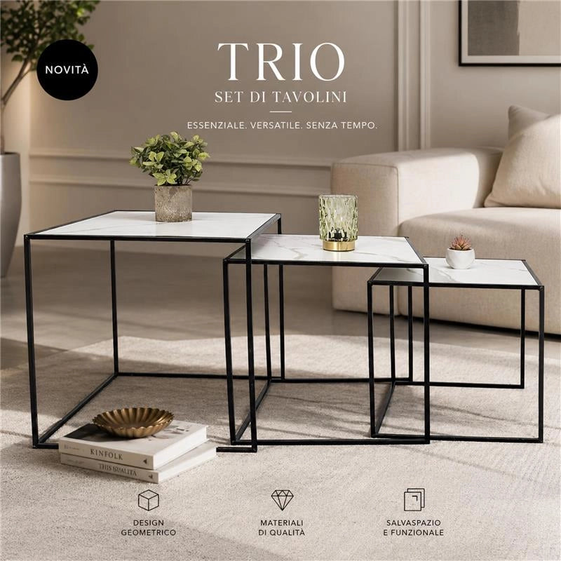 SET DI TRE TAVOLINI QUADRATI CONSTRUTTURA IN METALLO NERO E TOP IN MDF EFFETTO MARMO MISURE: 35X40CM, 40X45CM, 45X50CM